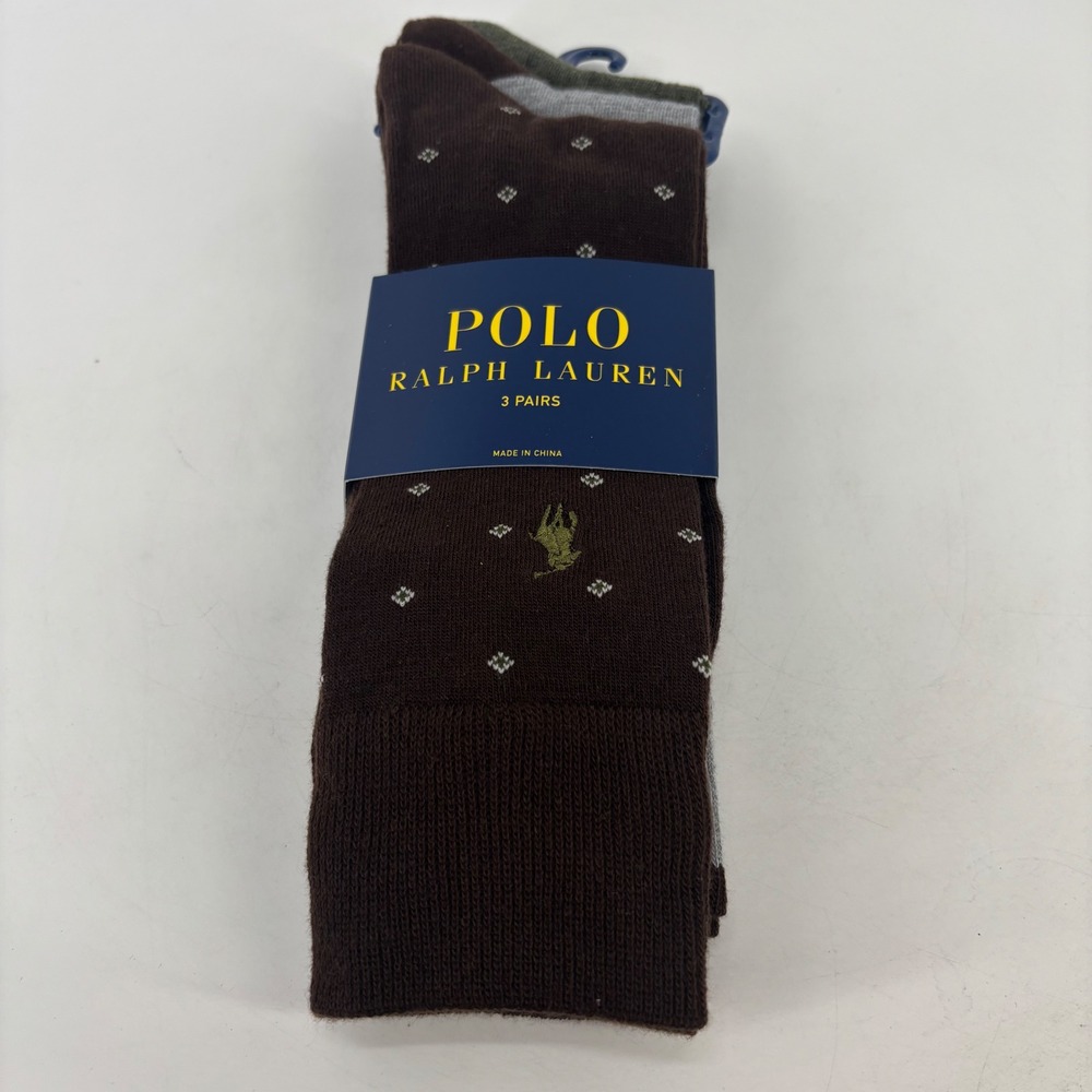 Polo Ralph Lauren Socks Mens 10-13 Brown Green Grey 3-Pack NWT Dress Crew Pony